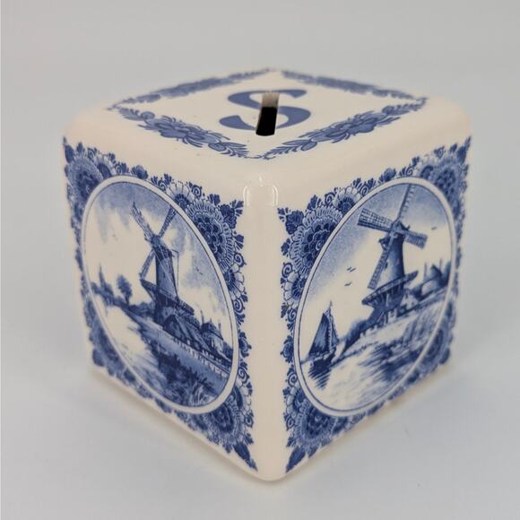 Delft Blue Holland Windmills Cube Bank Ceramic Transferware Coin Storage VTG - Picture 1 of 10